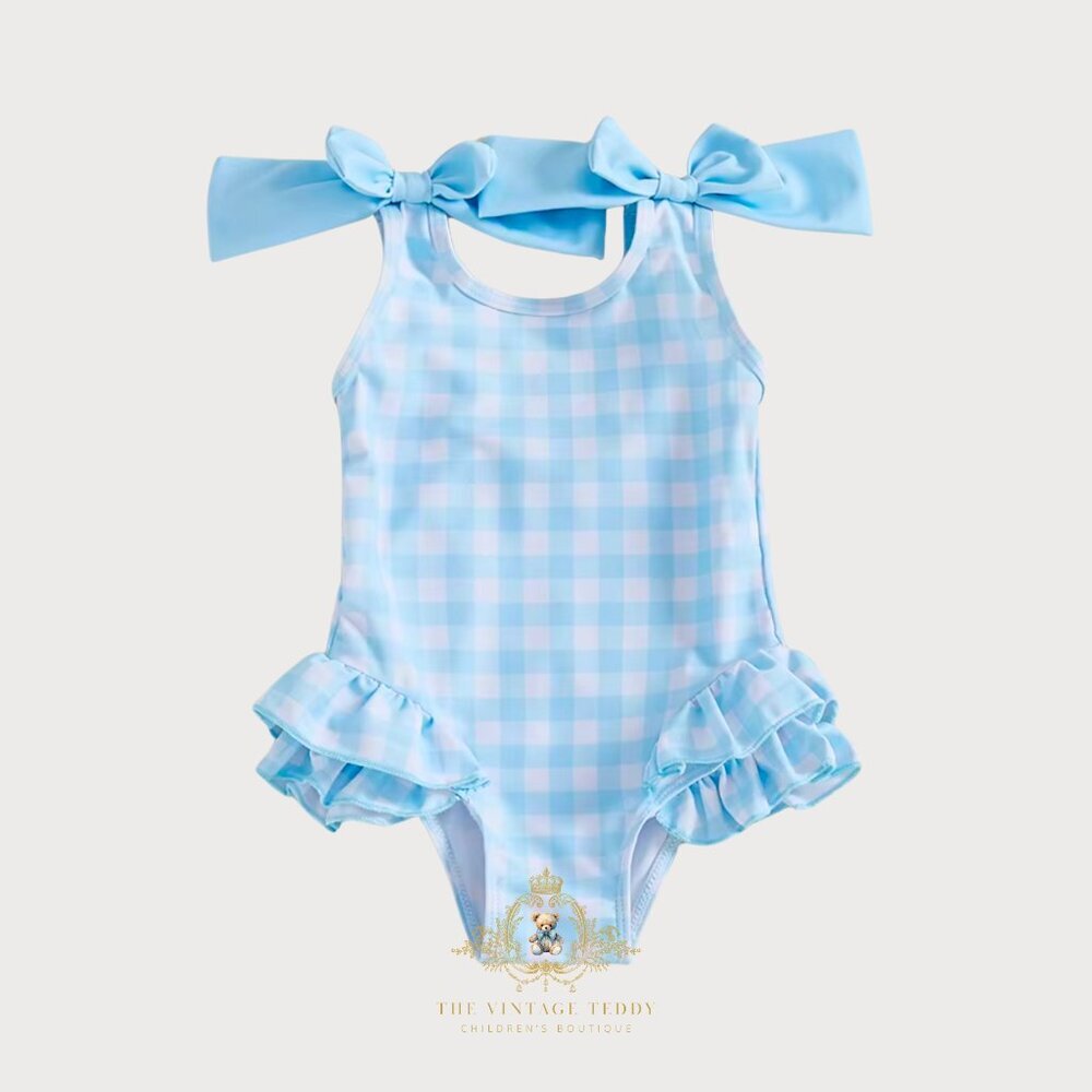 NWT Pretty Girls One-Piece Swimsuit Kids Swimwear Gingham Blue & White 3-4T
